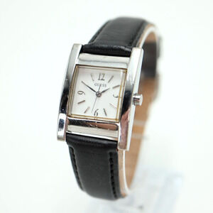 Guess Womens Silver Tone Tank Watch 23mm Black Leather Strap with New Battery